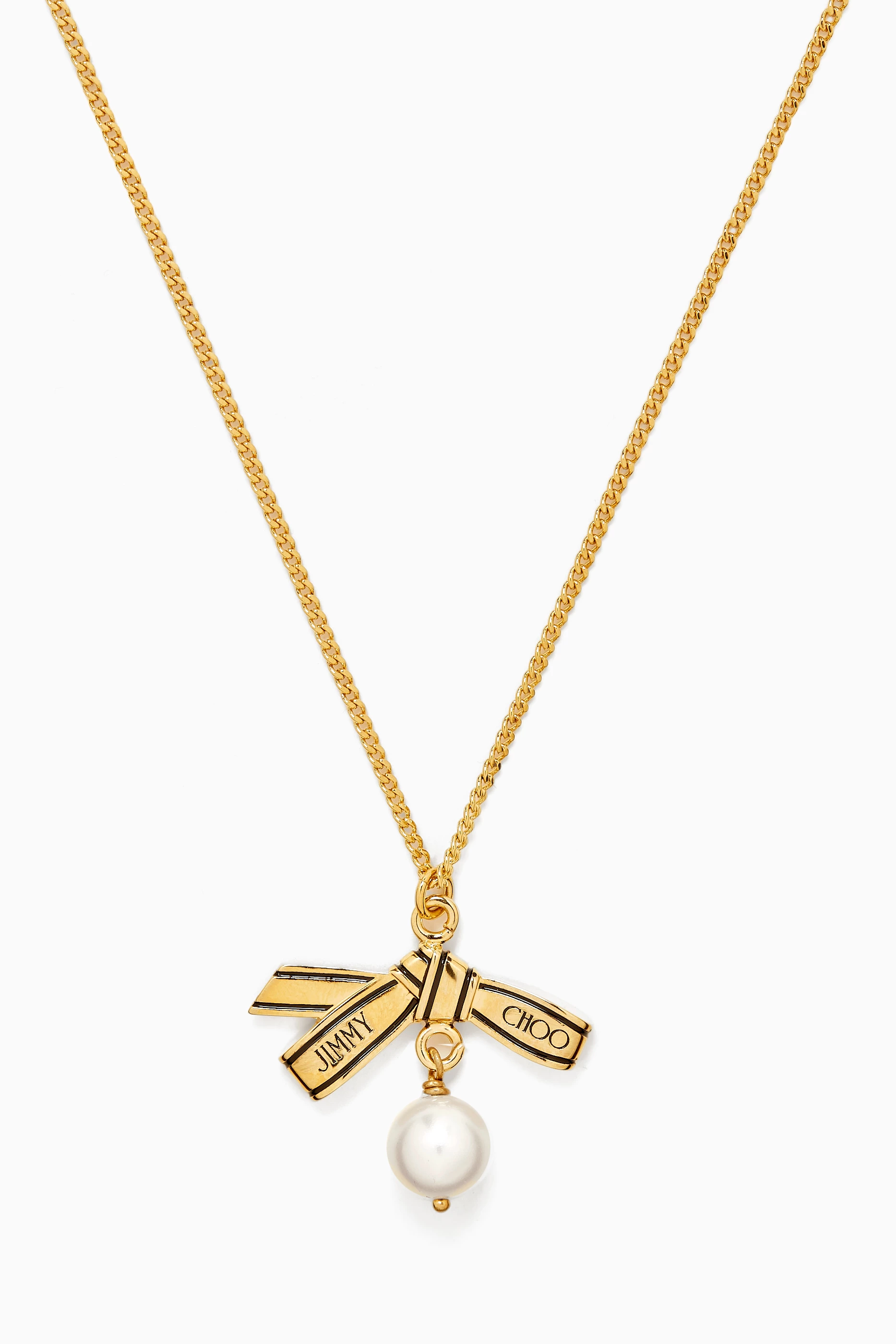 Buy Jimmy Choo Gold JC Ribbon Pearl Necklace in Gold-tone Brass