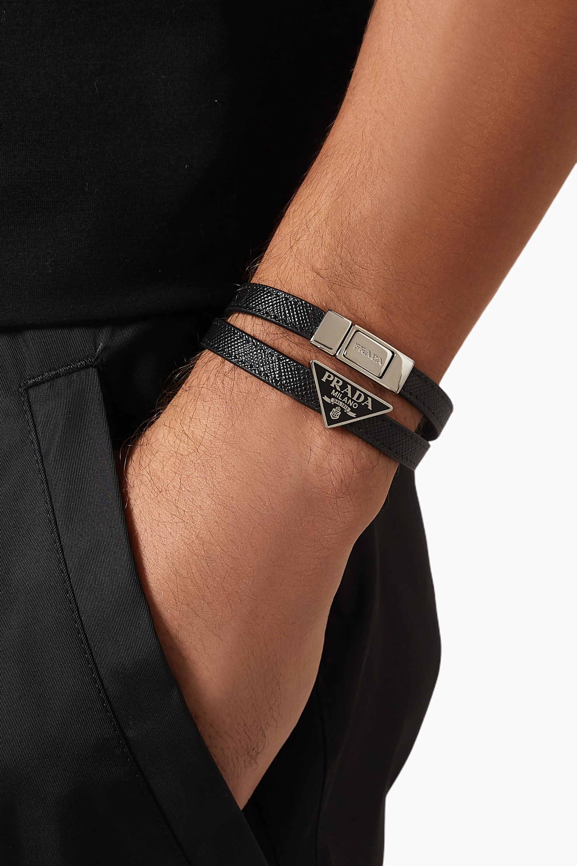 Buy Prada Black Double Logo Bracelet in Leather For Men Online