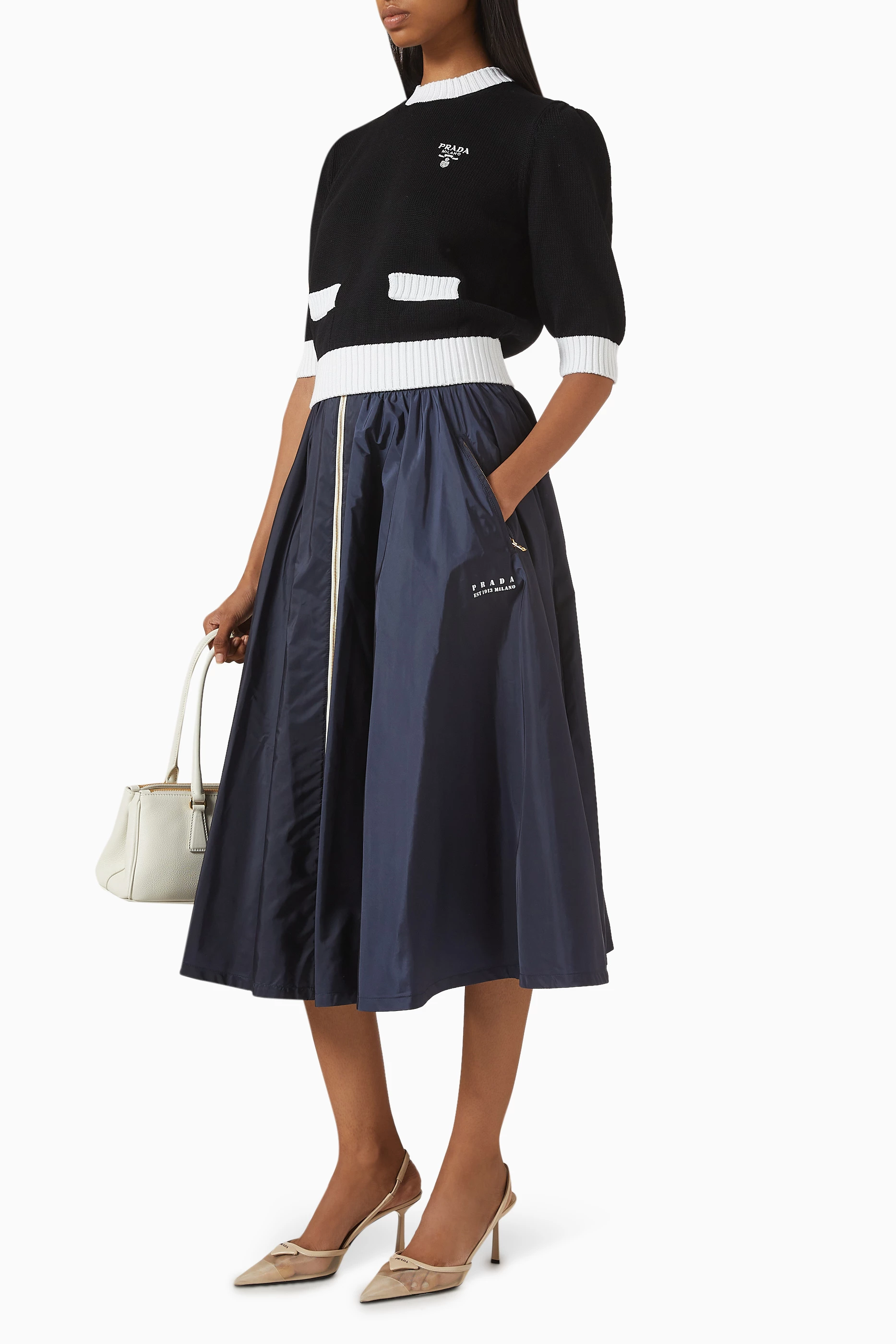 Buy Prada Blue Zip-up Midi Skirt in Re-Nylon For Women Online