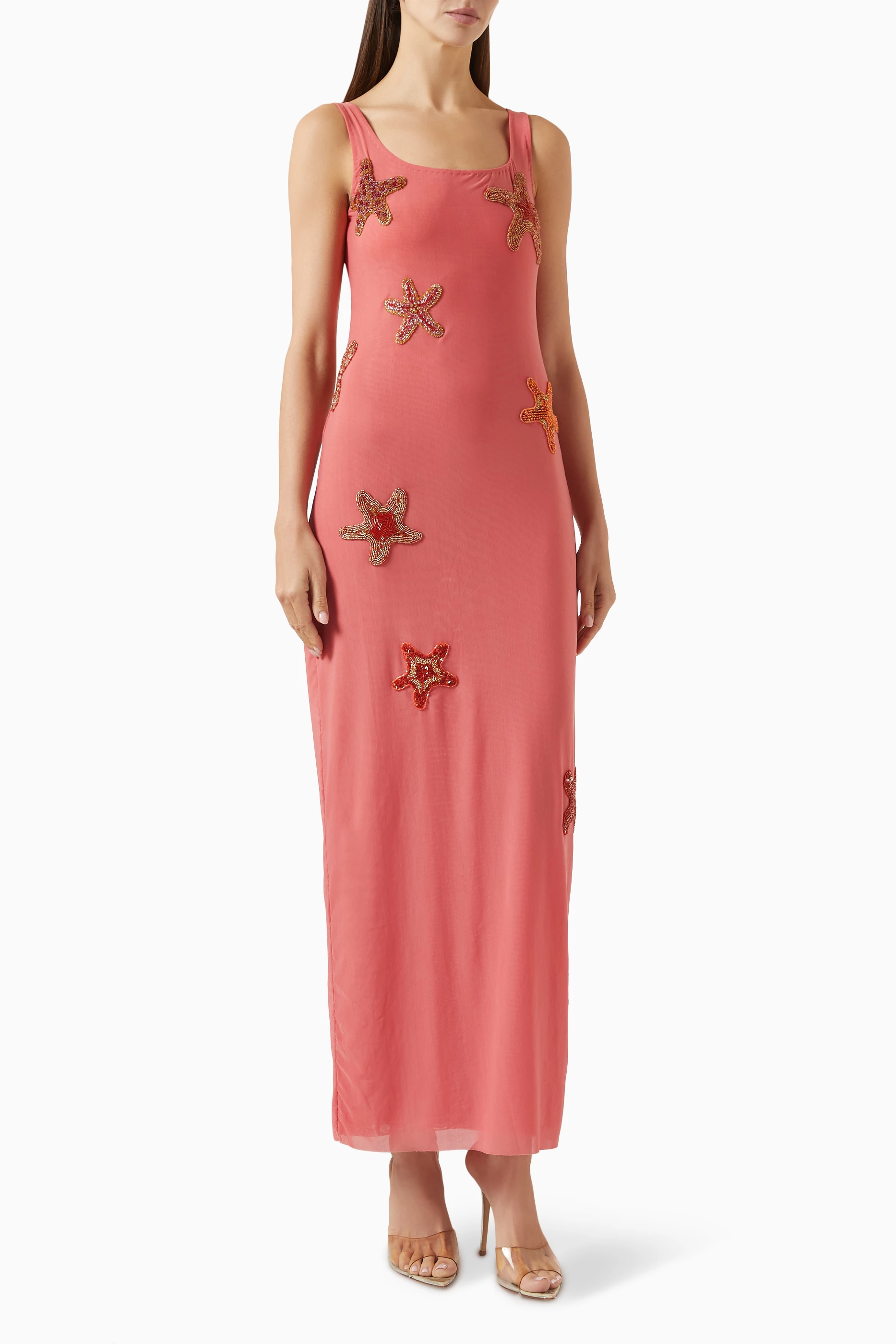 leslie amon orange maxi dress Buy Leslie Amon Orange Starfish Embellished Tank Maxi Dress For Women  Online