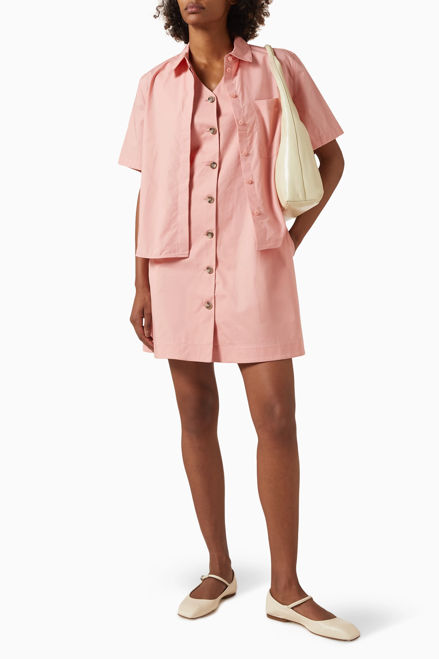 cos buttoned pima cotton mini dress COS Women's Buttoned Pima Mini Dress in Pink | Cotton