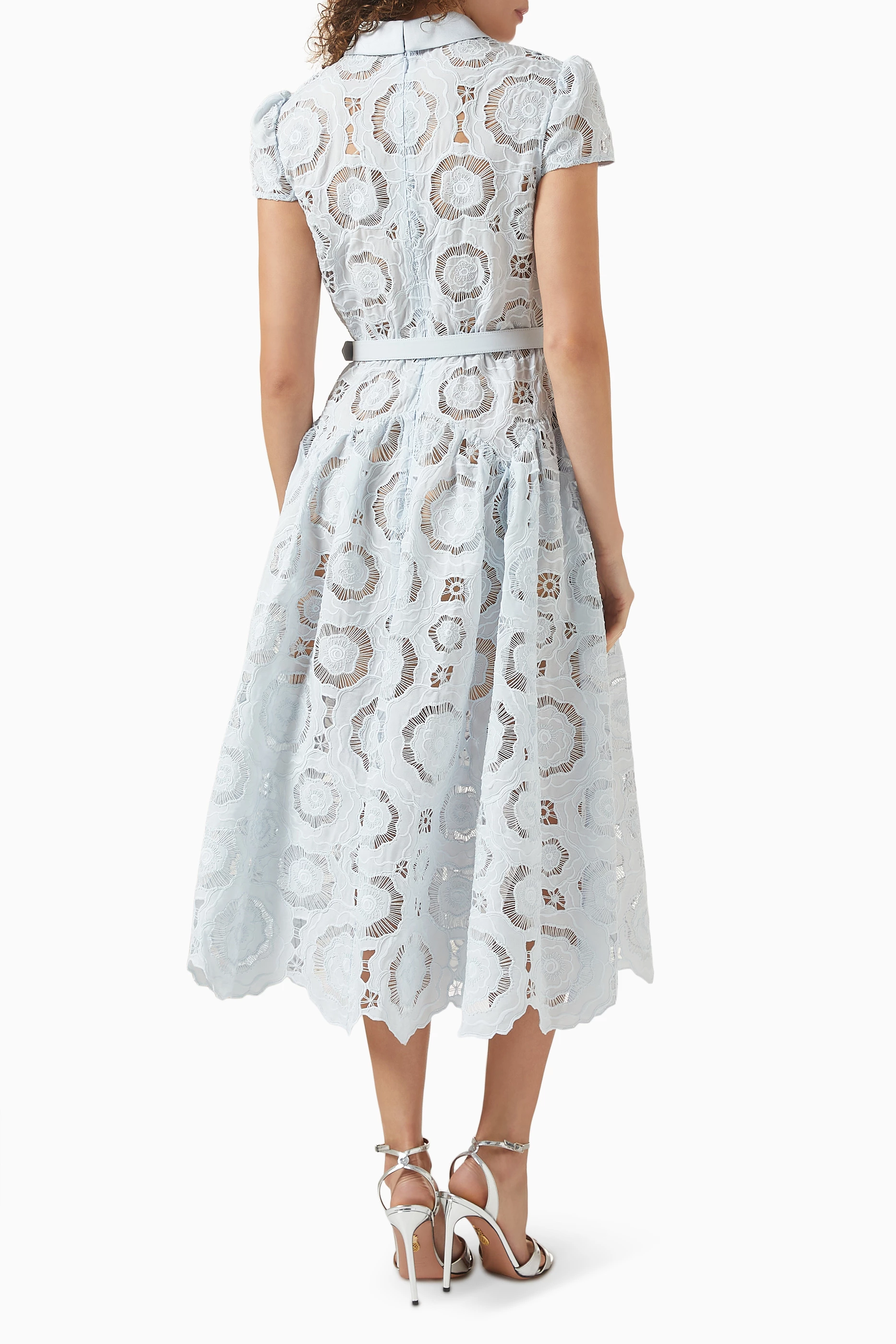 Buy Self-Portrait Blue Floral Belted Midi Dress in Lace For Women