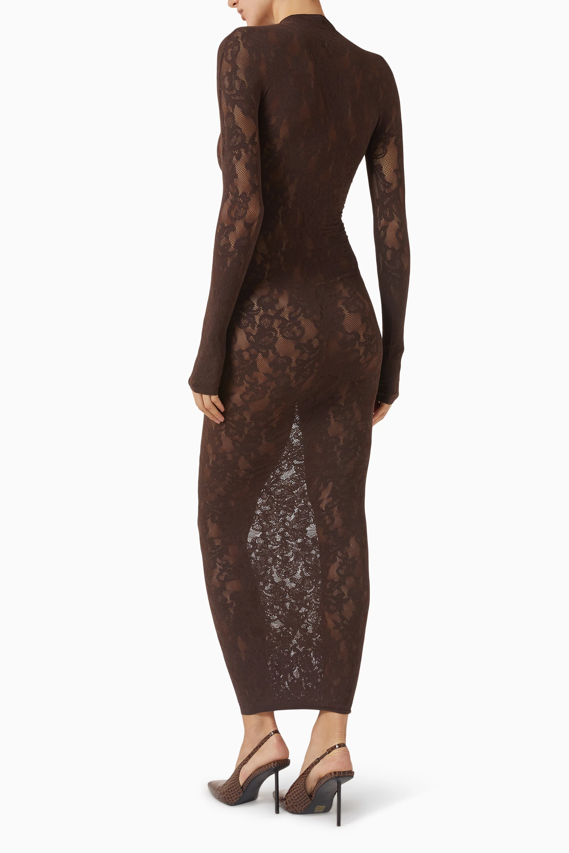 skims lace dress brown Track Fits Everybody Corded Lace Long Slip Dress - Clay