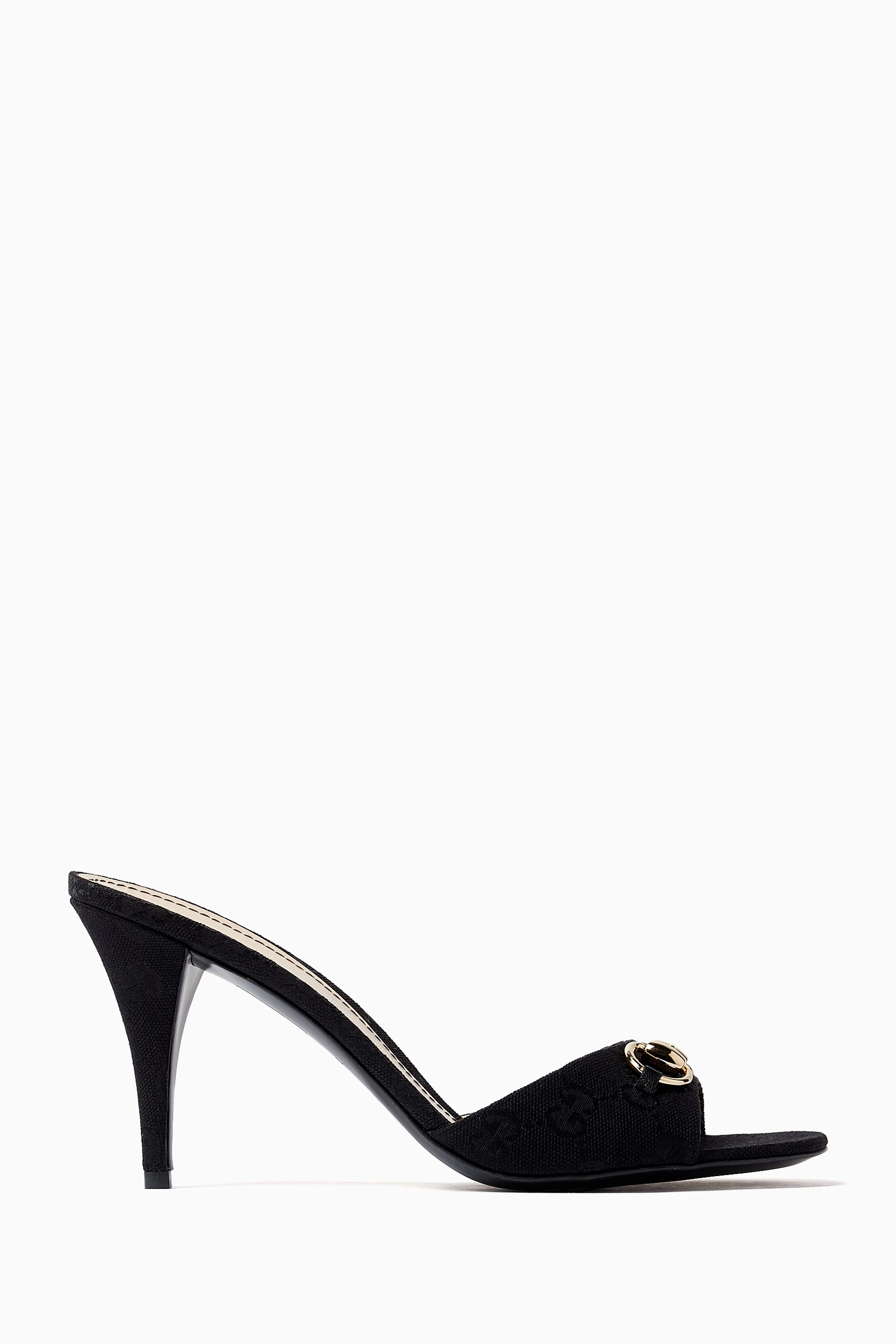 Buy Gucci Black Horsebit 85 Mule Sandals in GG Canvas For Women 