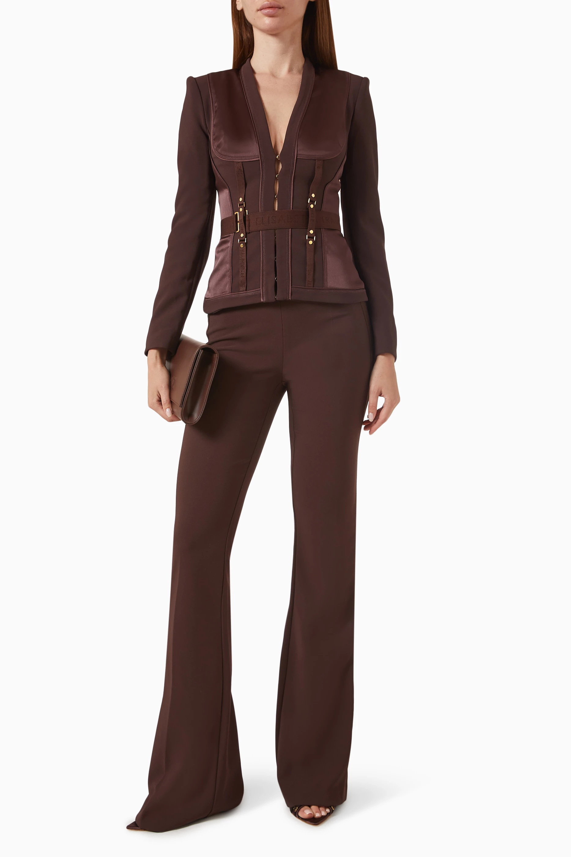 Buy Elisabetta Franchi Brown Belted Jacket in Crepe For Women 