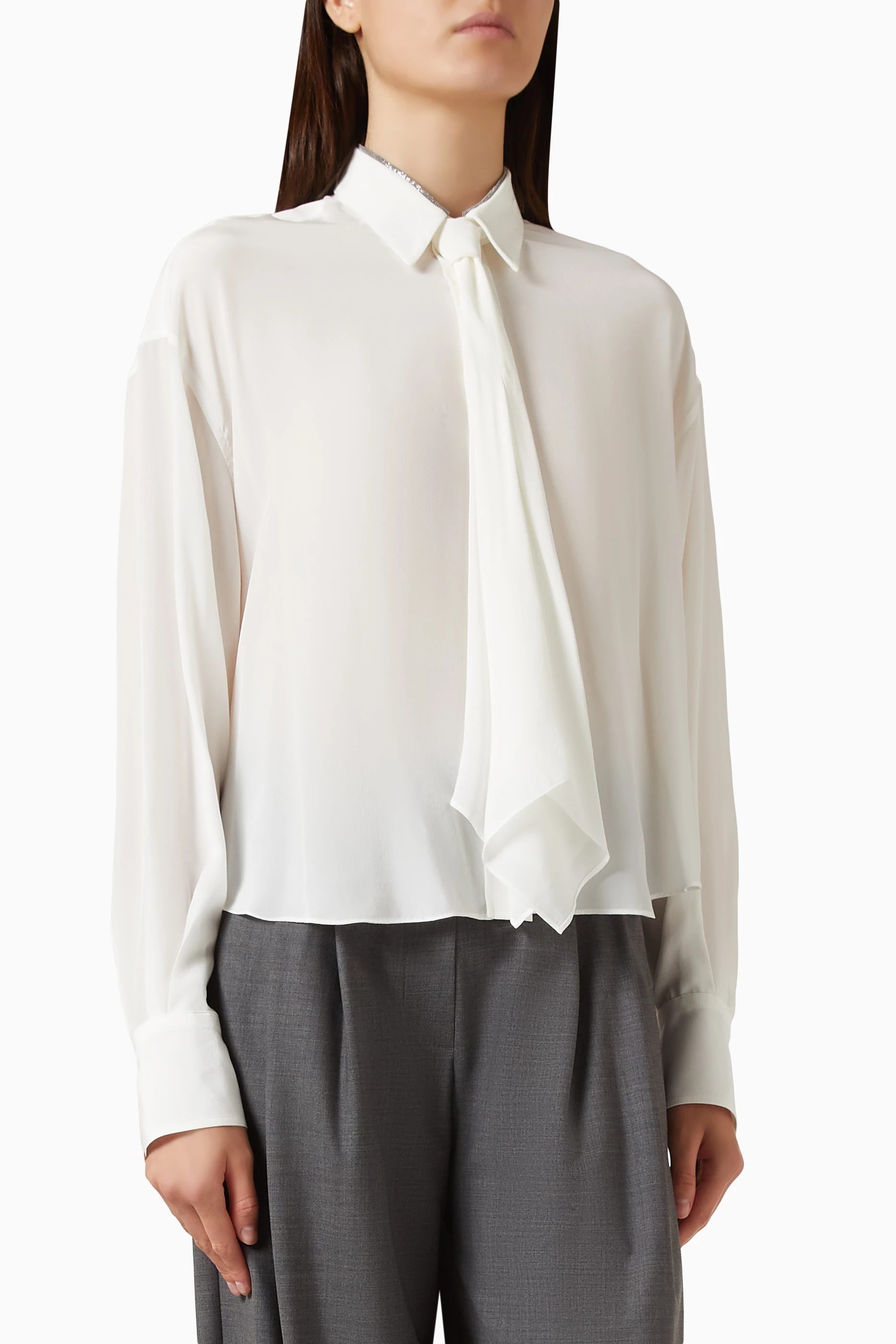 Buy Brunello Cucinelli White Tie Shirt in Crêpe de Chine For Women