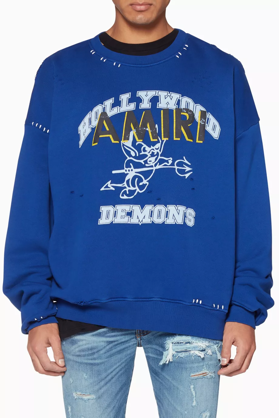 Buy Amiri Blue Blue Distressed Hollywood Demons Sweatshirt For Men