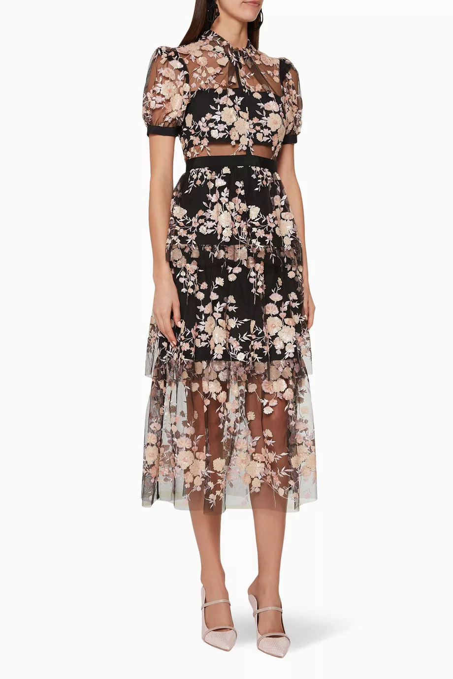 Buy Self-Portrait Black Floral Mesh Midi Dress For Women Online | Ounass  Oman