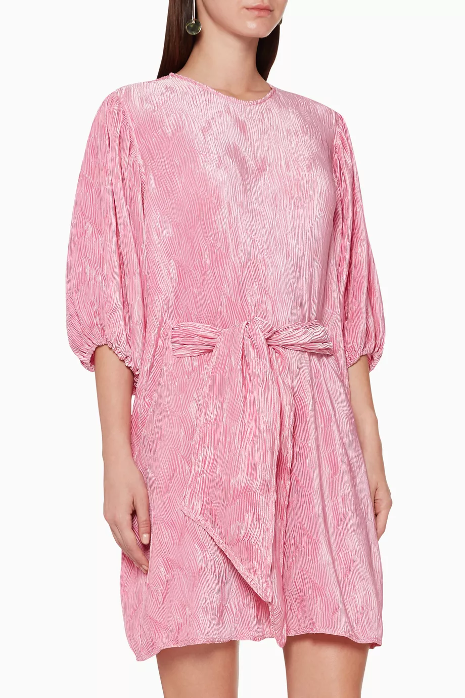 ganni pleated satin dress pink Ganni Belted Pliss-satin Mini Dress In Pink