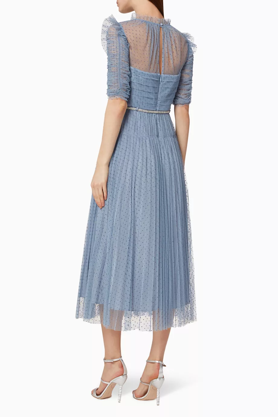 knee length dresses for ladies Blue Rhinestone Mesh Midi Dress – self-portrait-US
