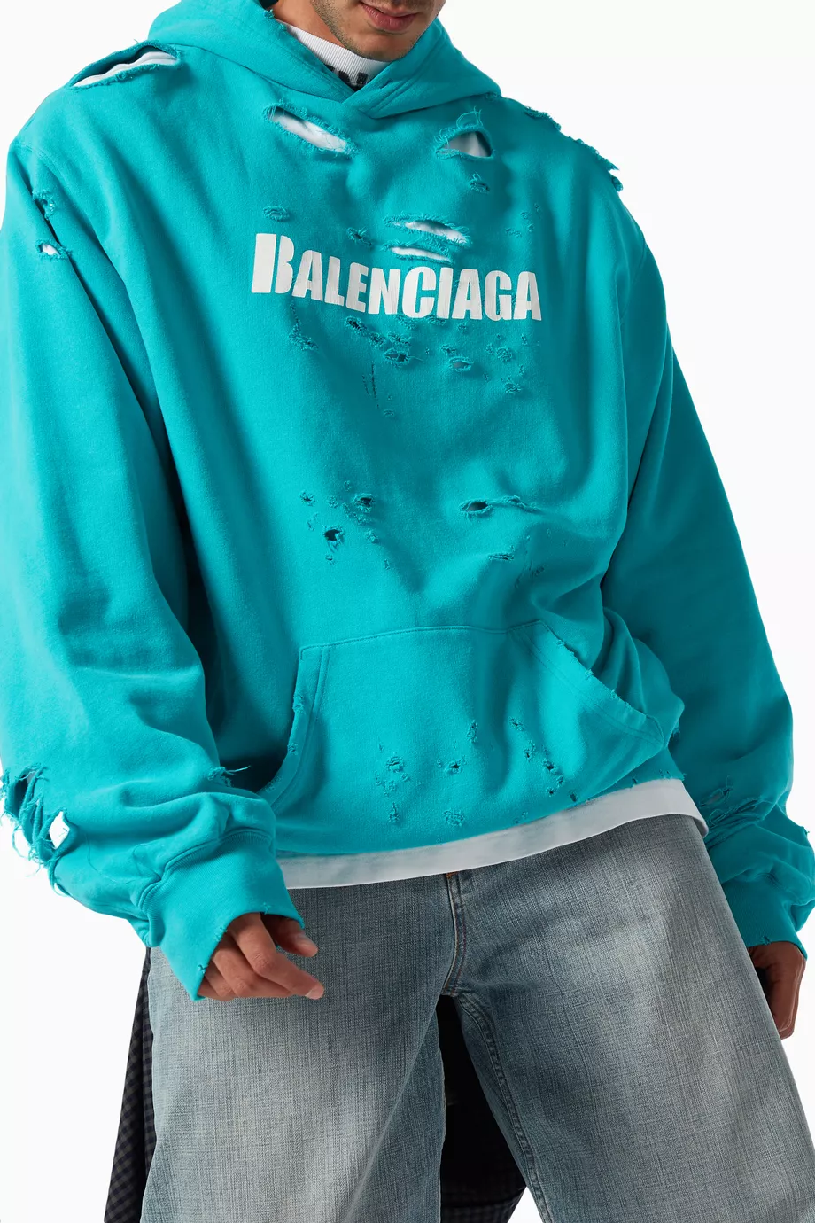 Buy Balenciaga Blue Caps Destroyed Oversized Hoodie in Organic