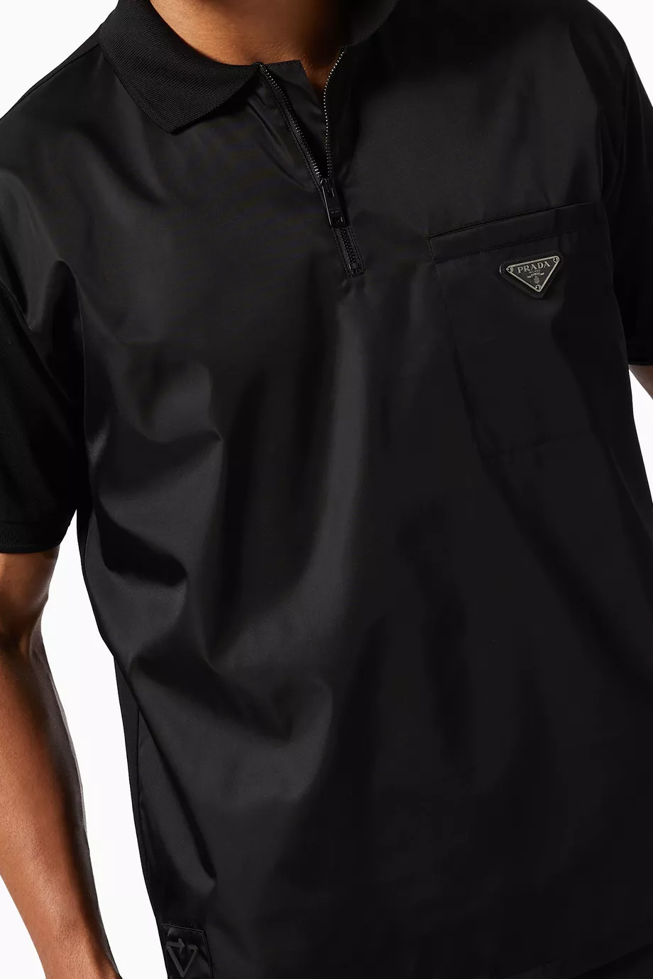 トップス prada black triangle logo polo shirt Buy Prada Black Triangle Logo Polo Shirt in Re-Nylon & Cotton For