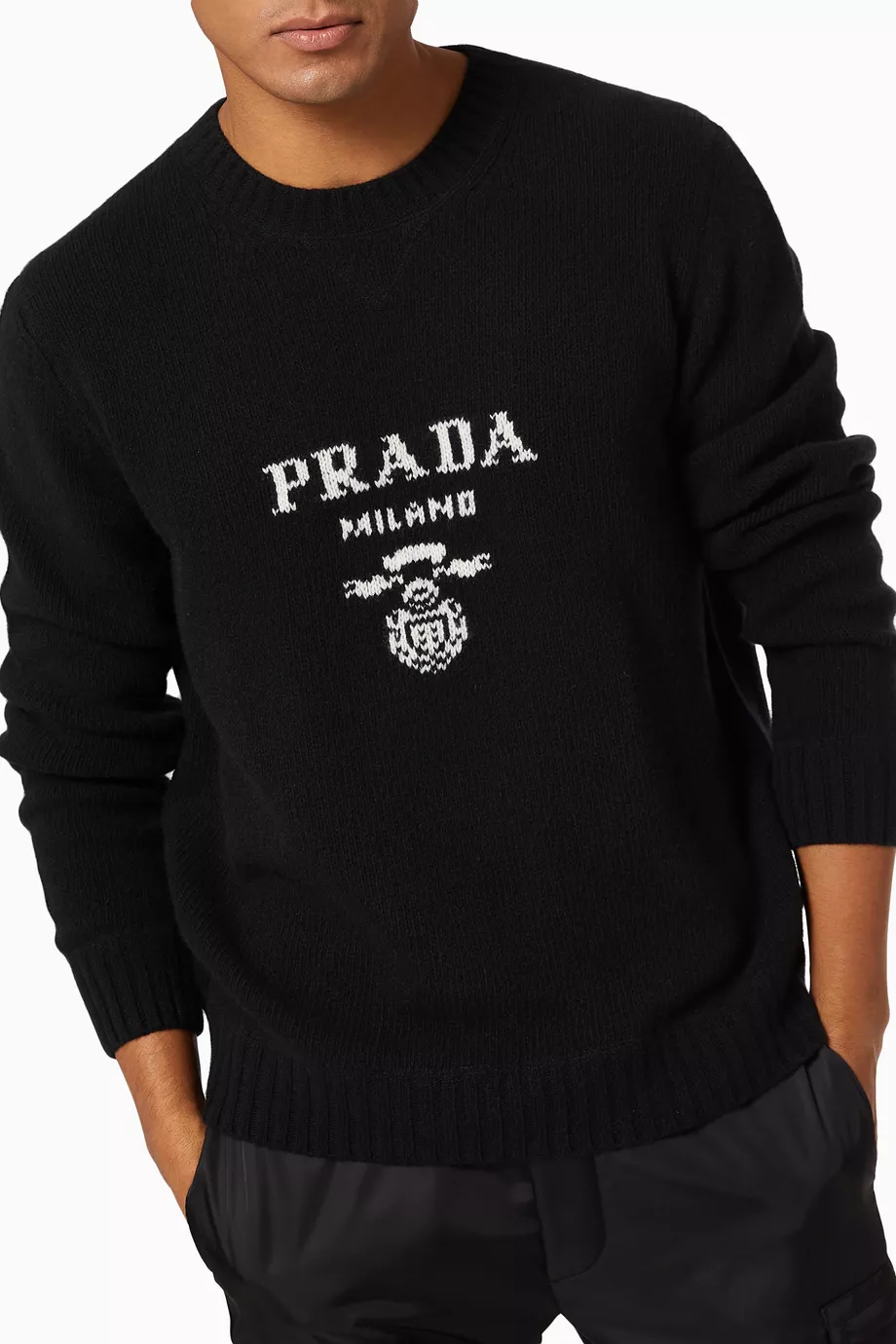 Buy Prada Black Logo Crewneck Sweater in Wool Cashmere Knit For Men Online Ounass Oman