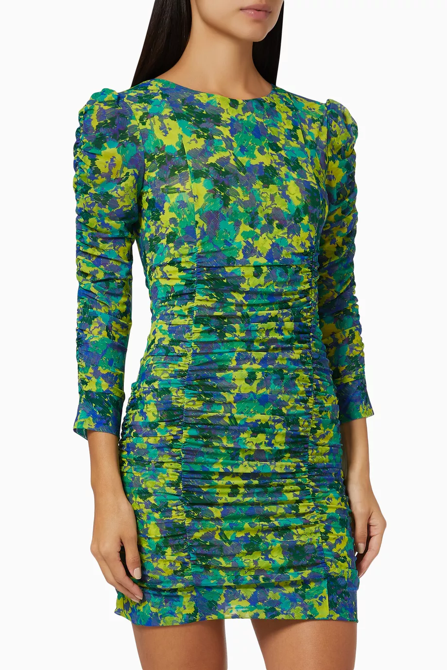 Buy Ganni Green Ruched Mini Dress in Mesh For Women Online | Ounass Oman