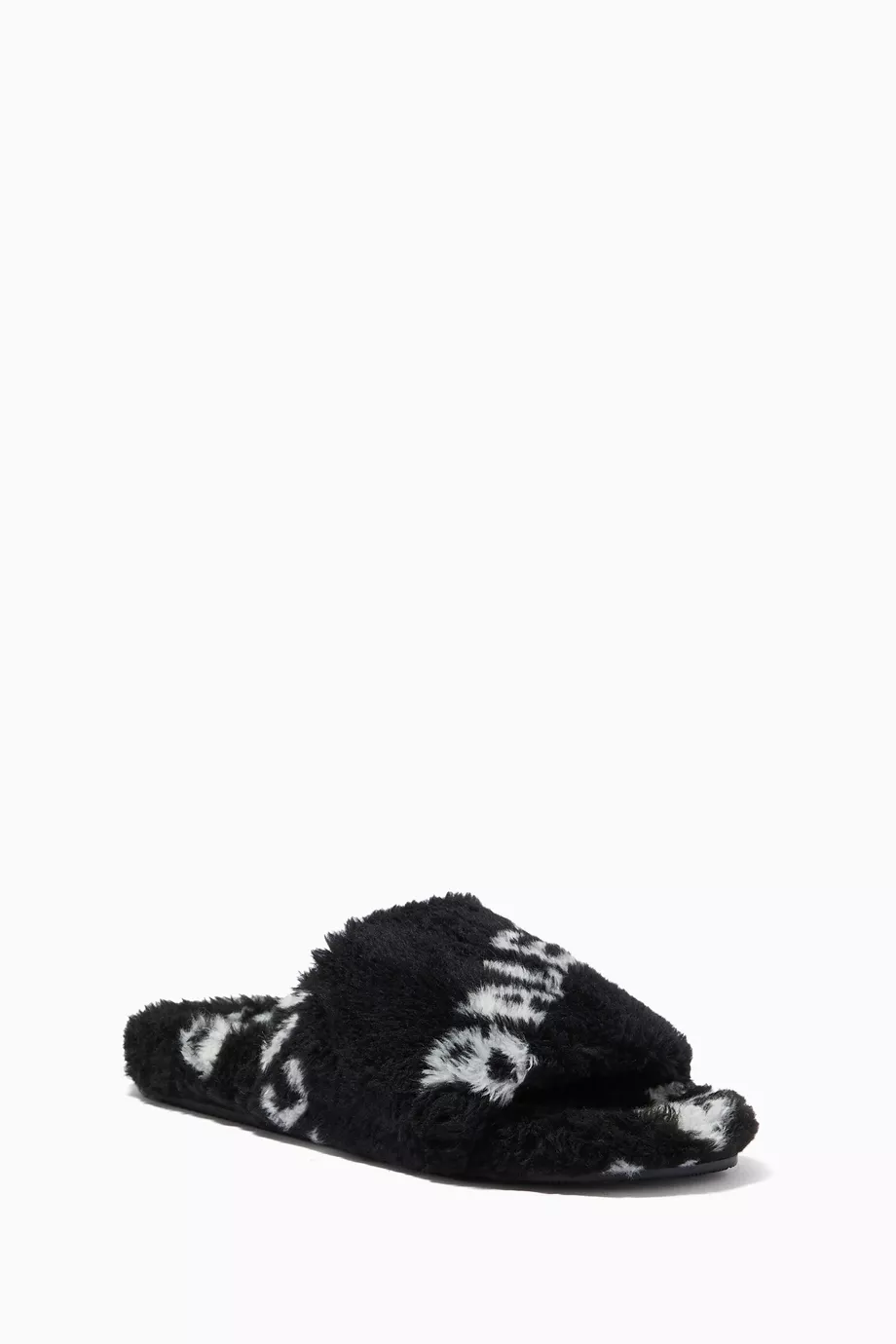 Buy Balenciaga Black Logo Furry Slide Sandals in Faux Shearling