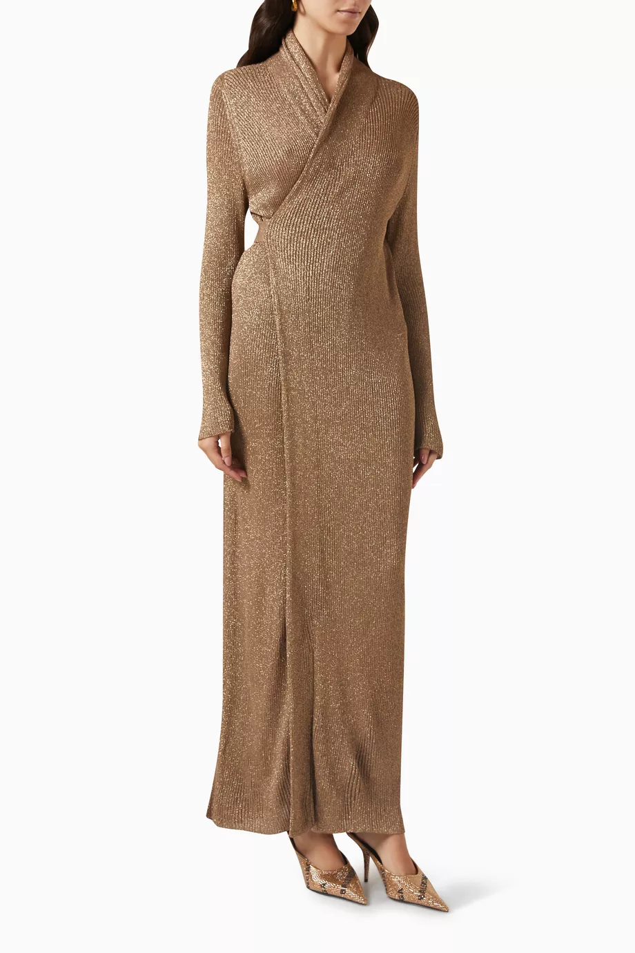 Buy Balenciaga Gold Wrap Maxi Dress in Lurex Rib-knit For Women Online |  Ounass Oman