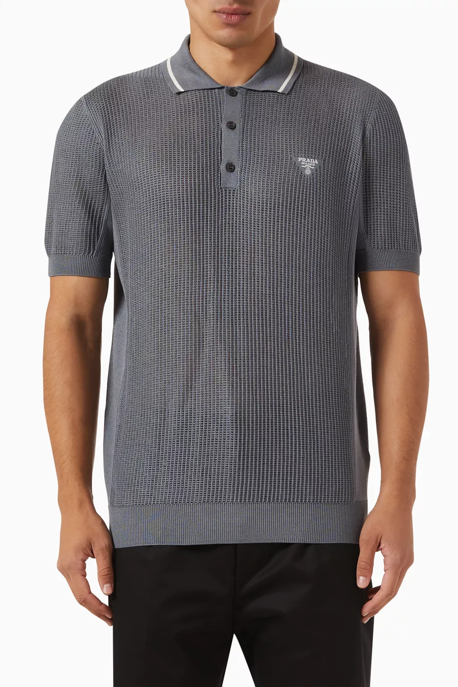 Buy Prada Grey Logo Polo in Cotton-silk Mesh Knit For Men Online