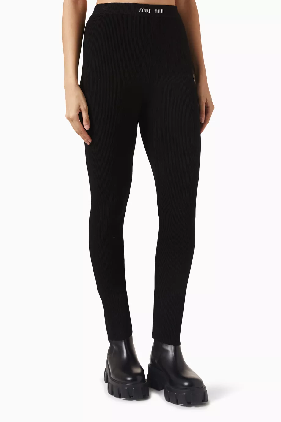 Buy Miu Miu Black Logo Leggings in Ribbed-knit For Women Online