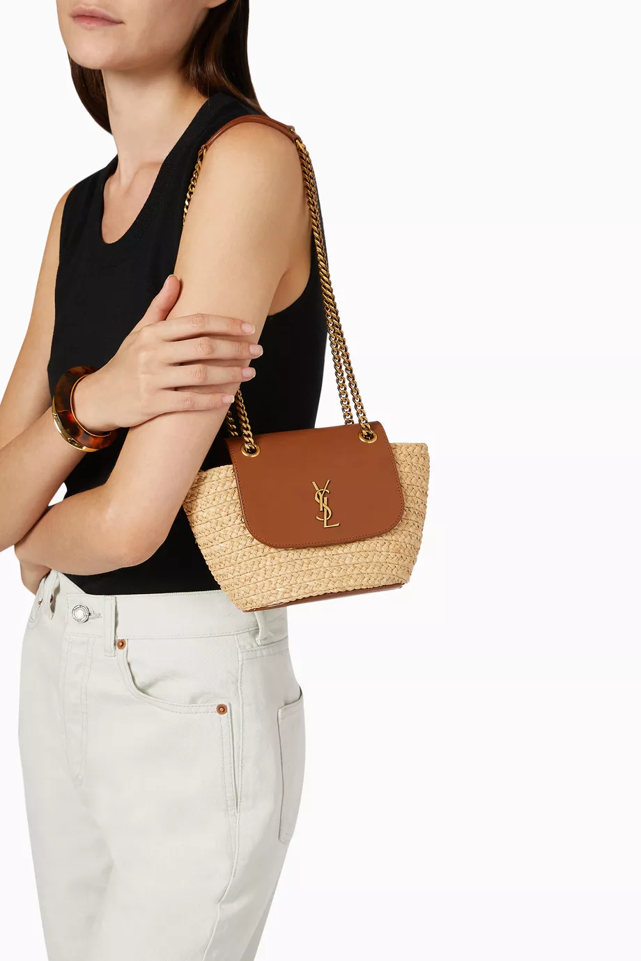 Buy SAINT LAURENT Neutral Mini Manon in Raffia & Aged