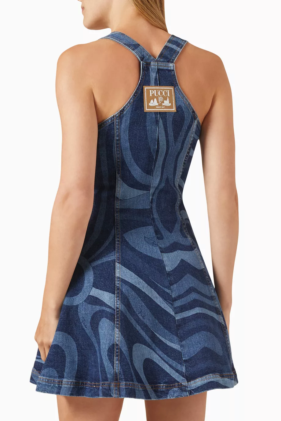 pucci denim dress Strapless Marmo-Print Denim Button-Front Mini Dress