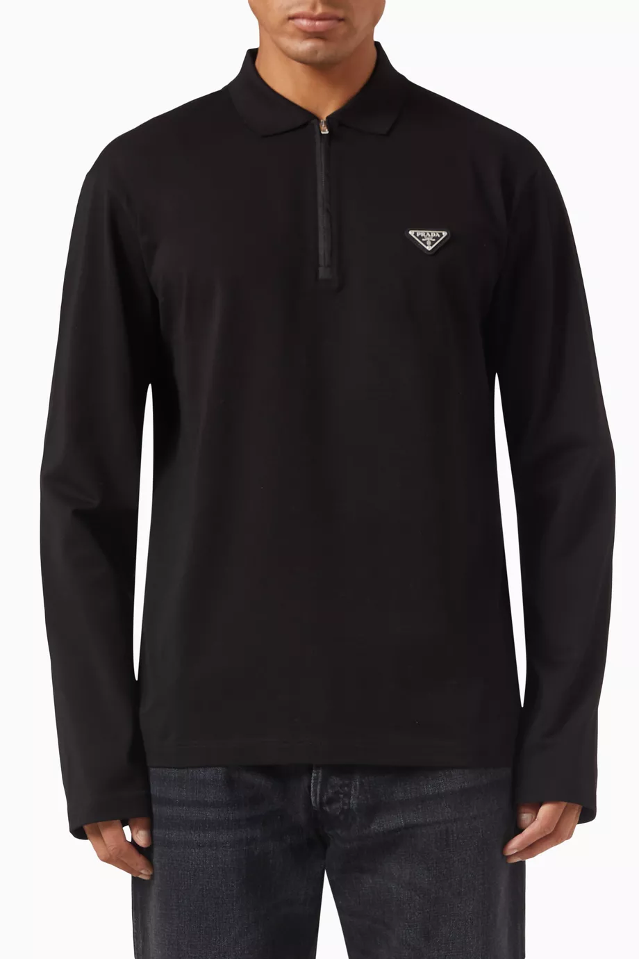 Buy Prada Black Triangle Logo Polo Shirt in Pique-knit For Men