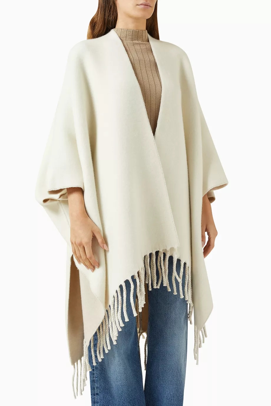 Buy Brunello Cucinelli Neutral Fringe Knit Poncho in Wool