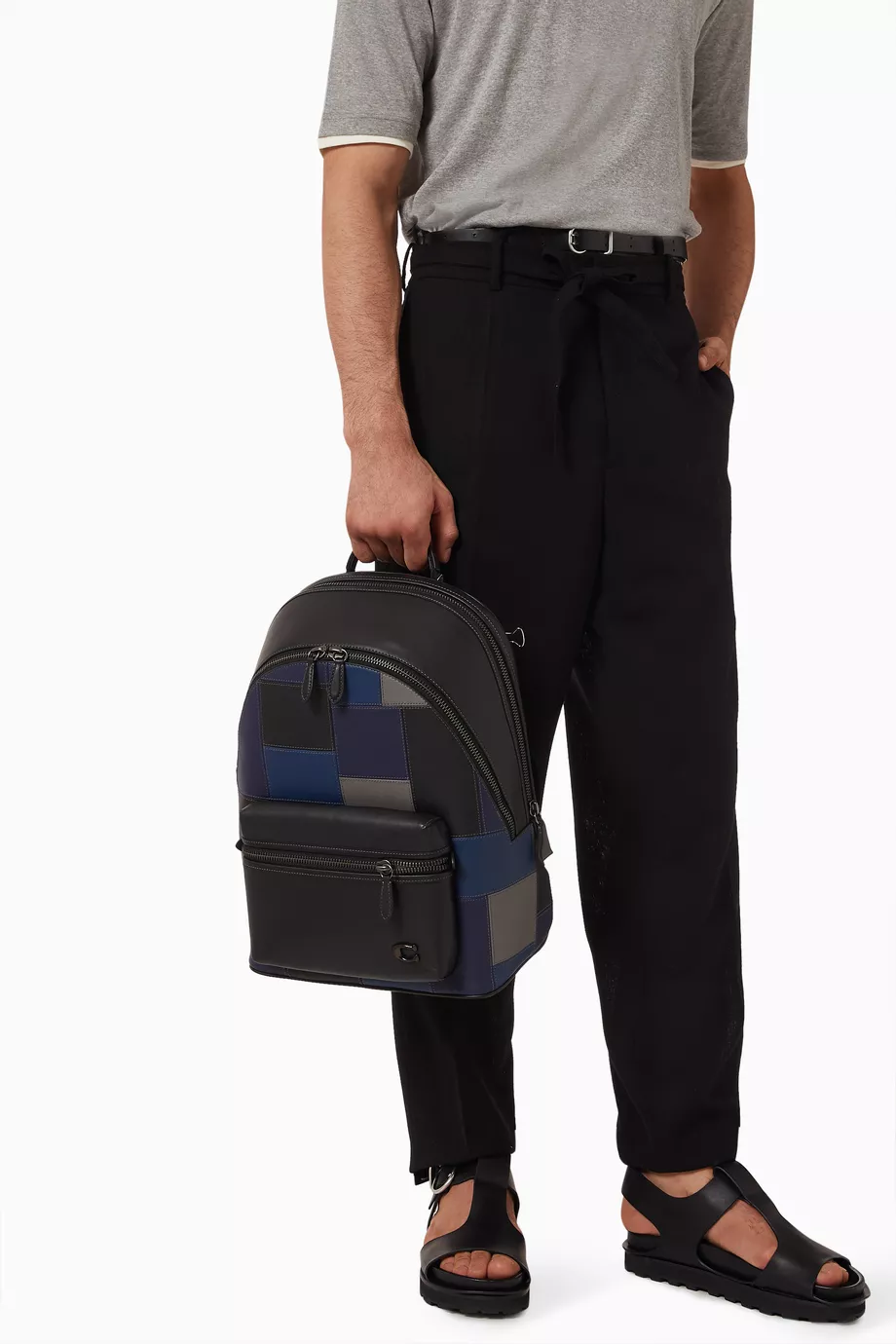 coach backpack blue and black West Bag Signature Canvas CAX44 Signature coated canvas and smooth leather Inside zip cell phone and multifunction pockets Laptop compartment with zip closure Zip closure recycled polyester lining Top handle with 3 drop Outside zip pocket Luggage sleeve Adjustable shoulder straps Fits a 16 laptop 11 3/4 (L) x 16 1/2 (H) x 6 (W) Style No. Coach Leather Backpack - Blue