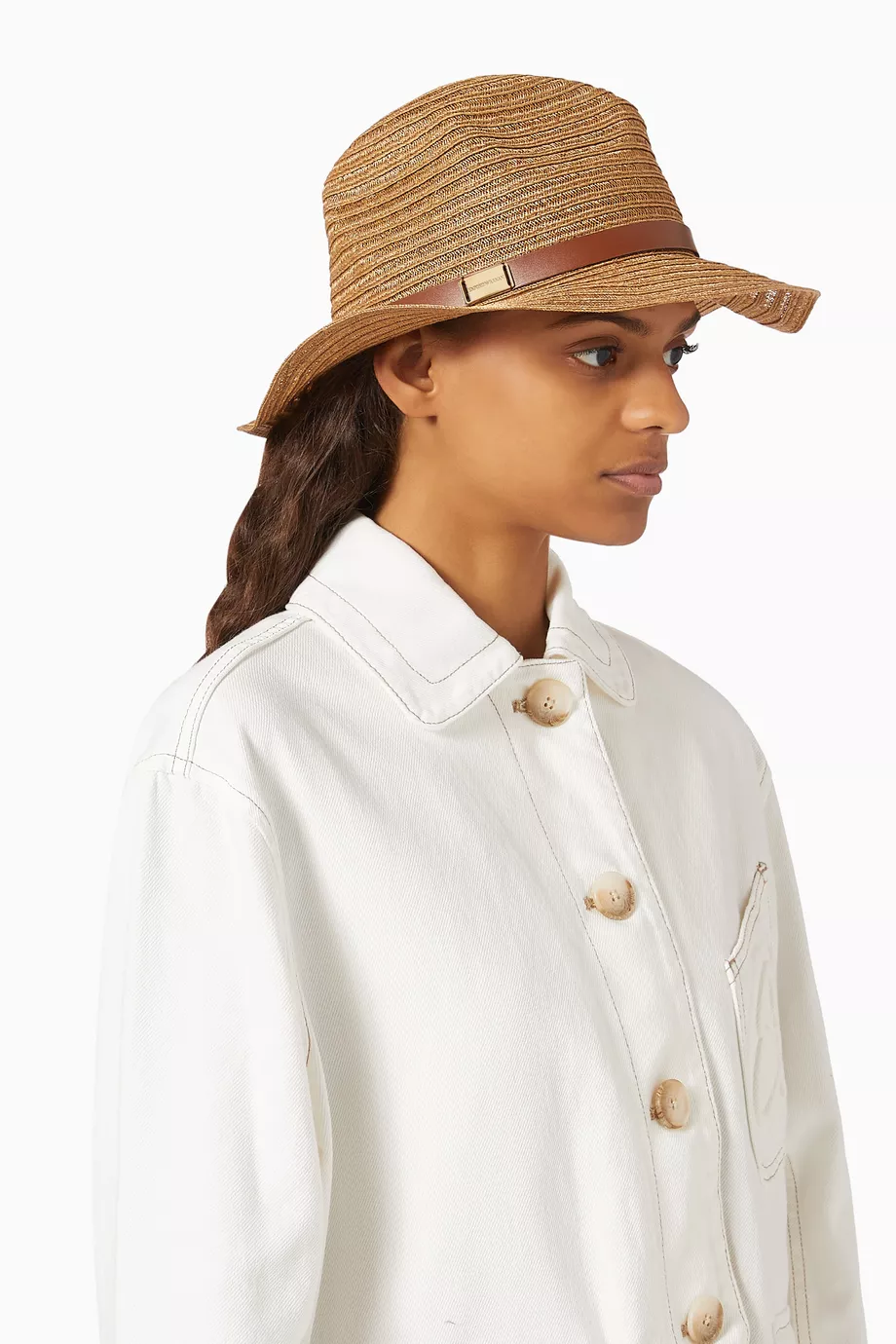 Buy Emporio Armani Brown Belted Fedora Hat in Raffia For  display picture 1