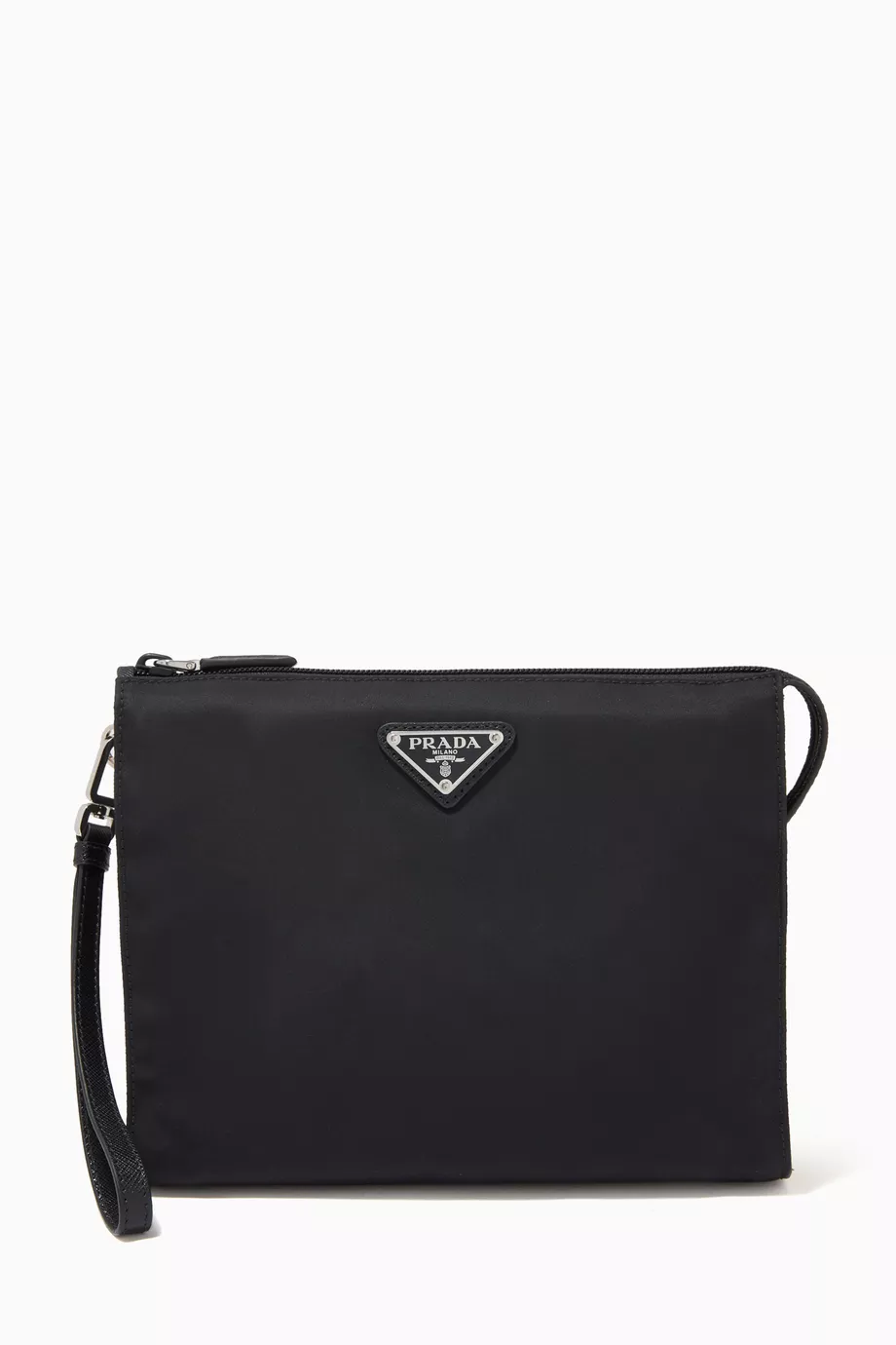 バッグ PRADA Re-Nylon Pouch Triangle Logo Black Buy Prada Black Triangle Logo Pouch in Re-Nylon & Saffiano Leather